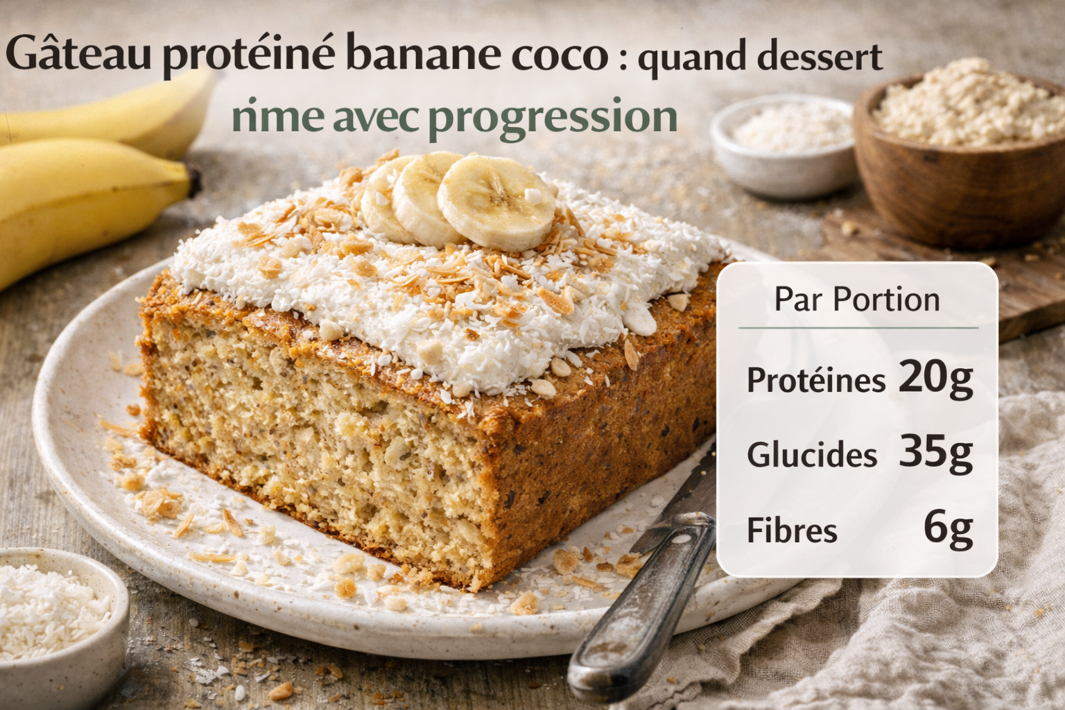 Gâteau protéiné banane coco moelleux prêt à servir